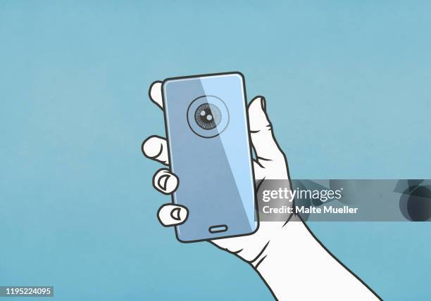 hand holding smart phone with retina scan - eye scanner stock illustrations