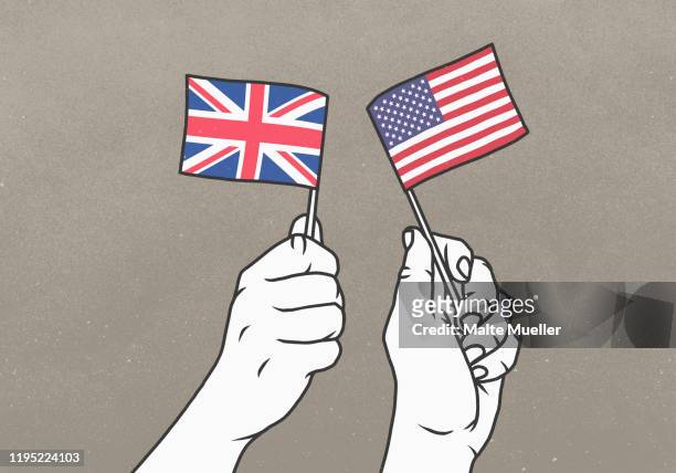 hands waving small british and american flags - american culture stock illustrations