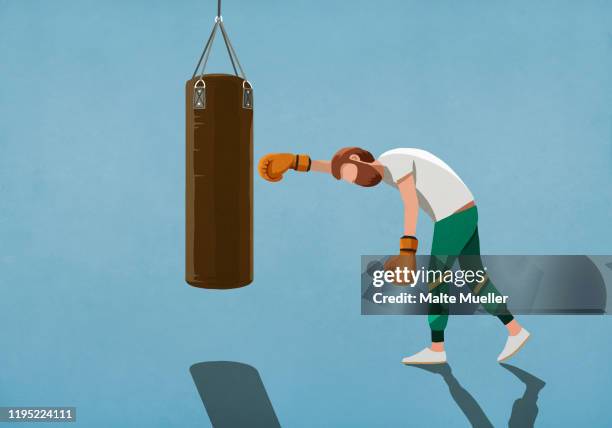 ilustrações de stock, clip art, desenhos animados e ícones de tired man boxing at punching bag - saco-de-boxe