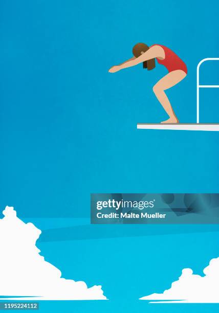 stockillustraties, clipart, cartoons en iconen met woman preparing to dive off platform - in het water duiken