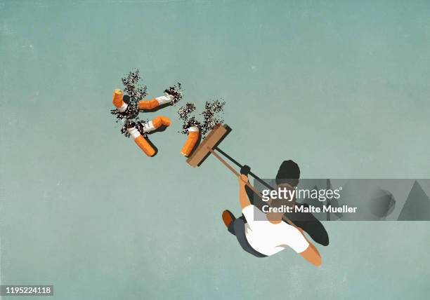 ilustraciones, imágenes clip art, dibujos animados e iconos de stock de man with broom sweeping up large cigarette butts - fumar