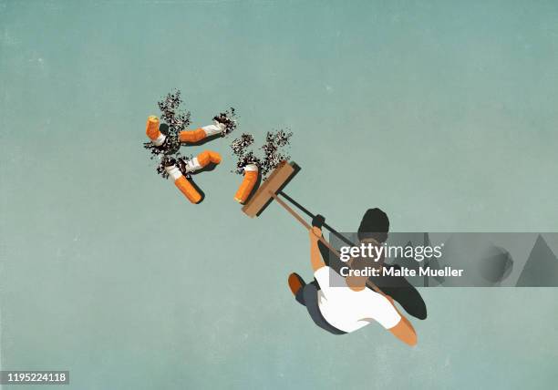 illustrations, cliparts, dessins animés et icônes de man with broom sweeping up large cigarette butts - mégot de cigarette