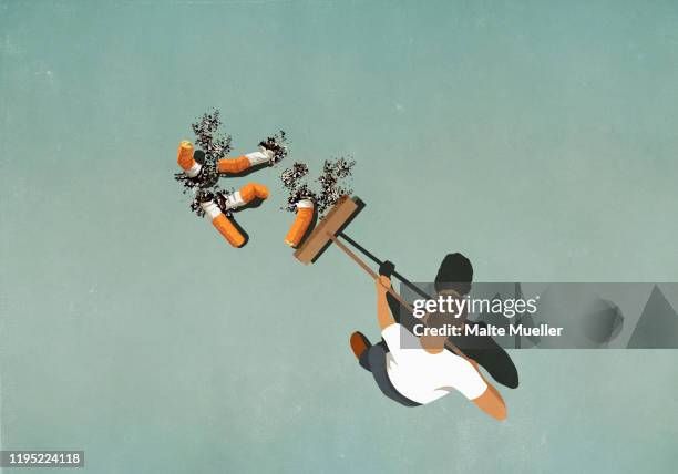 stockillustraties, clipart, cartoons en iconen met man with broom sweeping up large cigarette butts - stoppen met roken