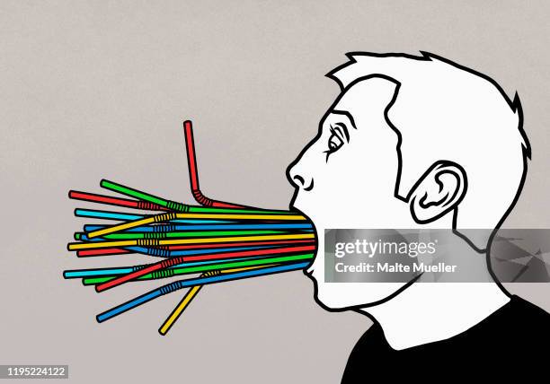 bunch of plastic, multicolor straws stuffed in mans mouth - begehren stock-grafiken, -clipart, -cartoons und -symbole