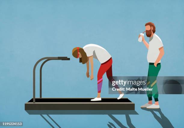 man drinking smoothie, watching tired woman on treadmill - treadmill stock illustrations