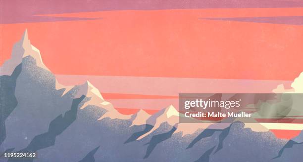 dramatic sunset sky over mountain peaks - mountain stock illustrations