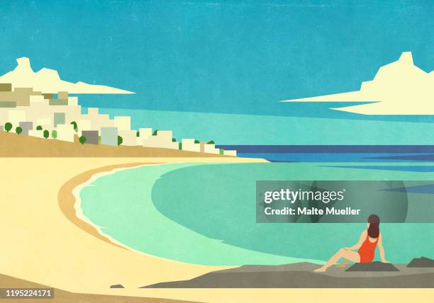 woman relaxing on sunny, idyllic summer ocean beach - beach holiday stock illustrations