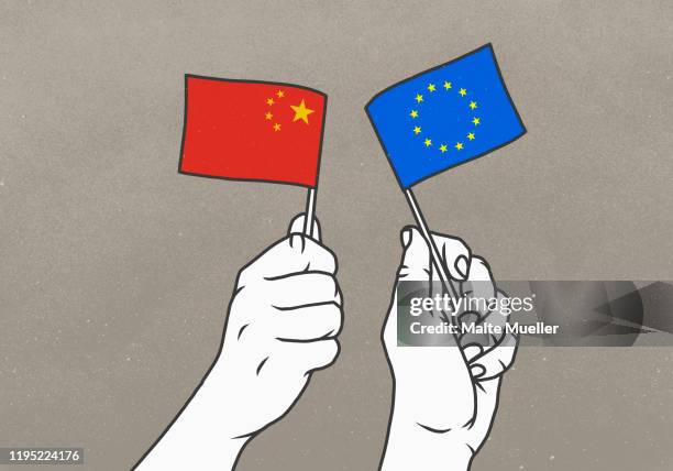 hands waving chinese and european union flags - diplomacy stock illustrations