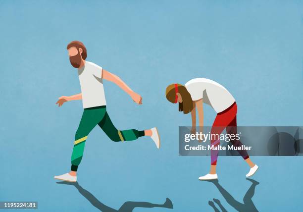 tired wife running behind husband - paar in sportkleidung stock-grafiken, -clipart, -cartoons und -symbole