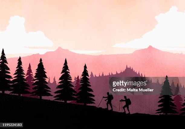 ilustraciones, imágenes clip art, dibujos animados e iconos de stock de silhouette backpackers with hiking poles ascending mountain slope - mochilero