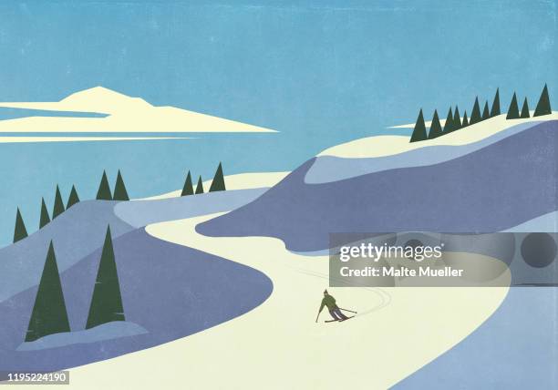 ilustraciones, imágenes clip art, dibujos animados e iconos de stock de skier descending snowy mountain slope - ski slope