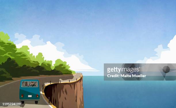 couple driving retro van along ocean cliff - journey stock illustrations
