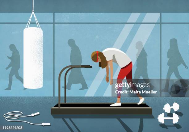 business people walking behind exhausted woman on treadmill - lazy stock illustrations