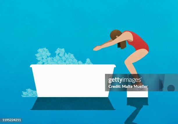 woman on diving block preparing to dive into bubble bath - taking a bath stock-grafiken, -clipart, -cartoons und -symbole