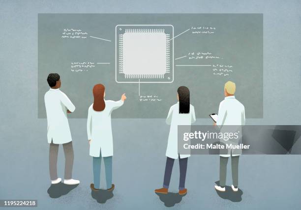 stockillustraties, clipart, cartoons en iconen met scientists discussing computer chip diagram - alleen volwassenen