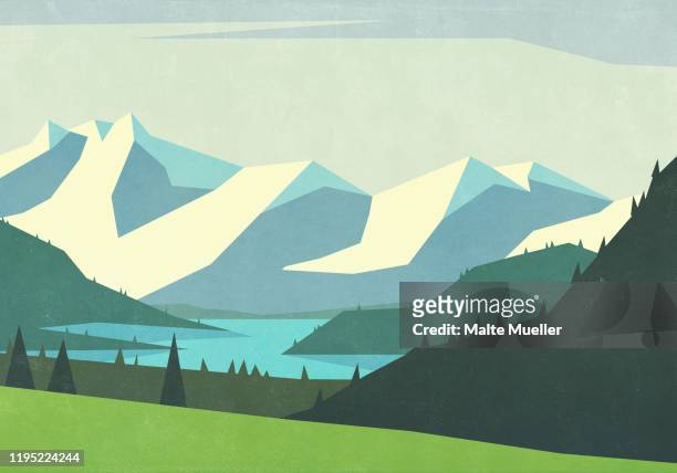 scenic landscape view mountains and tranquil river - landschaftspanorama stock-grafiken, -clipart, -cartoons und -symbole
