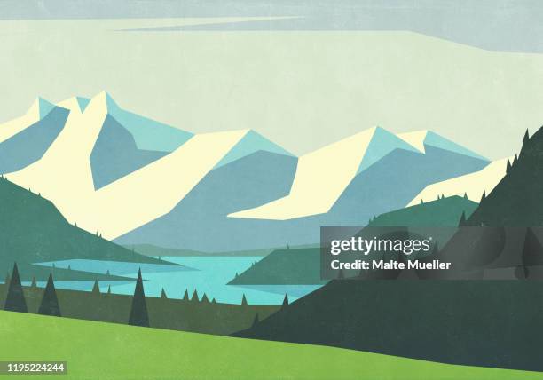 scenic landscape view mountains and tranquil river - mountain range illustration stock illustrations