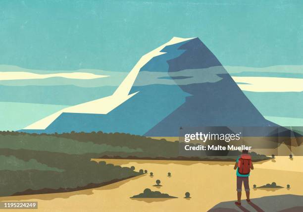 bildbanksillustrationer, clip art samt tecknat material och ikoner med male backpacker enjoying sunny scenic mountain landscape view - adventure or travel