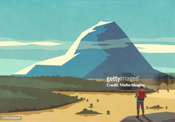 male backpacker enjoying sunny scenic mountain landscape view - holiday stock illustrations