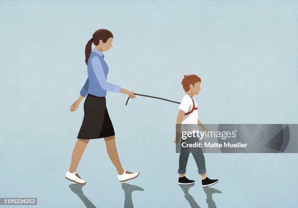 mother walking son with harness - overprotective stock illustrations