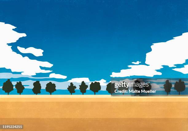 ilustrações, clipart, desenhos animados e ícones de sunny scenic view of rural agricultural field - treelined