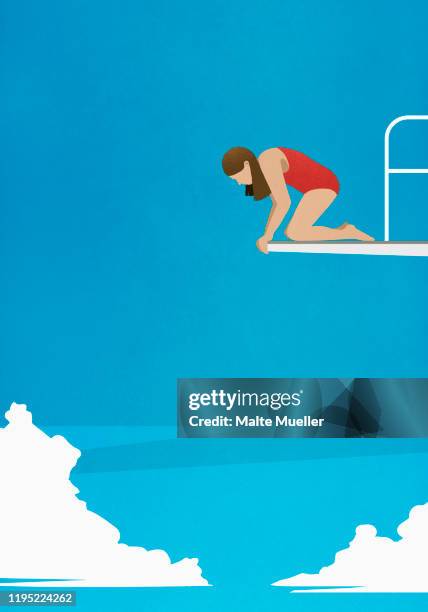 anxious woman at the edge of diving platform, looking down - verängstigt stock-grafiken, -clipart, -cartoons und -symbole