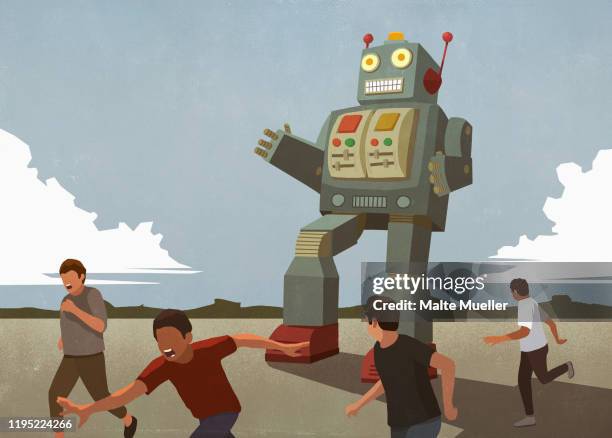 ilustrações, clipart, desenhos animados e ícones de large robot chasing boys - adversidade