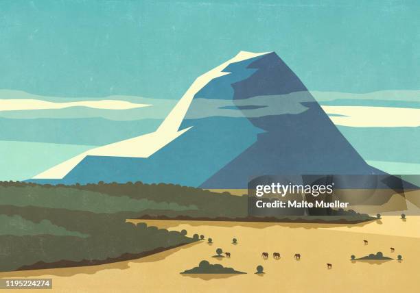 scenic landscape view wild elephants in valley below sunny mountain - safari park stock illustrations