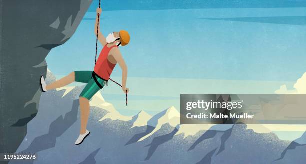 ilustraciones, imágenes clip art, dibujos animados e iconos de stock de senior male mountain climber scaling rock face - montañismo
