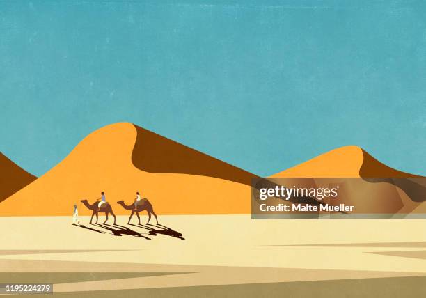 tourists riding camels in sunny, remote desert landscape - camel stock illustrations