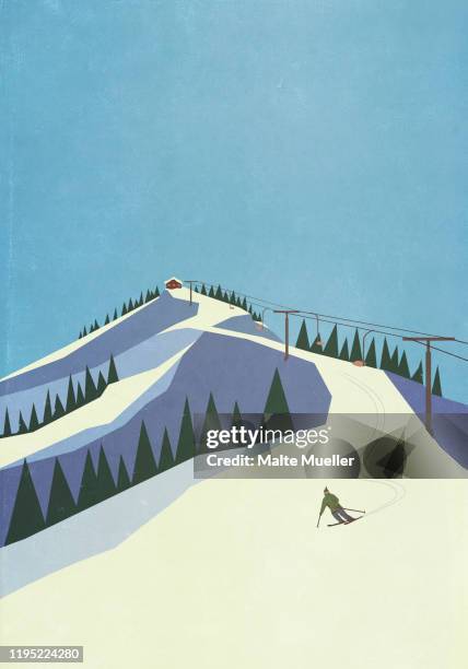 skier descending snowy mountain slope - スキーストック点のイラスト素材／クリップアート素材／マンガ素材／アイコン素材