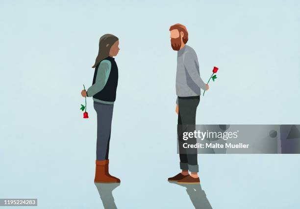 stockillustraties, clipart, cartoons en iconen met couple holding roses behind backs - romantiek begrippen