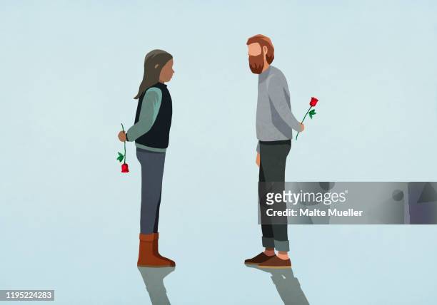 couple holding roses behind backs - human relationship stock illustrations