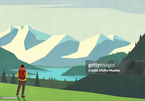 ilustraciones, imágenes clip art, dibujos animados e iconos de stock de male backpacker looking at tranquil mountain landscape view - tranquil scene