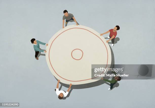 view from above team holding safety net - fünf personen stock-grafiken, -clipart, -cartoons und -symbole