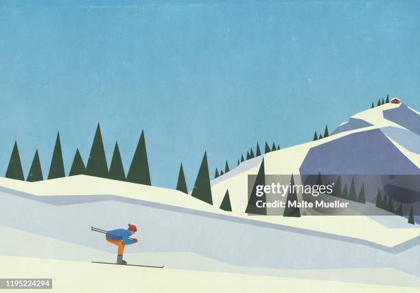 stockillustraties, clipart, cartoons en iconen met downhill skier descending snowy mountain slope - female skier