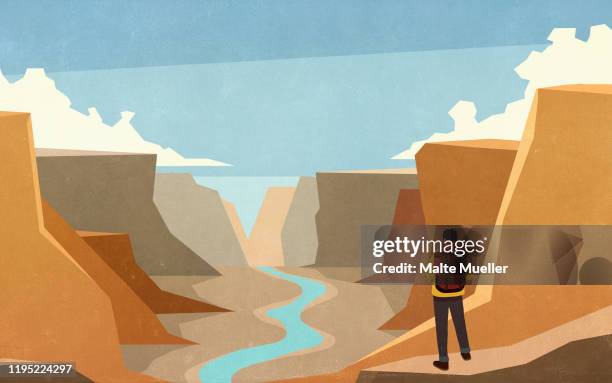 male backpacker looking at majestic canyon view - canyon stock illustrations