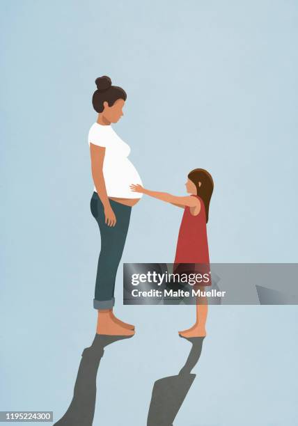 ilustraciones, imágenes clip art, dibujos animados e iconos de stock de curious daughter touching pregnant mothers stomach - eventos de la vida