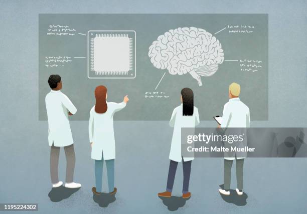 scientists comparing computer chip and brain diagram - engeneer stock-grafiken, -clipart, -cartoons und -symbole