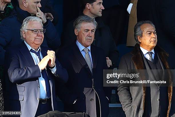 Everton manager Carlo Ancelotti looks on next to Bill Kenwright and Farhad Moshiri during the Premier League match between Everton FC and Arsenal FC...