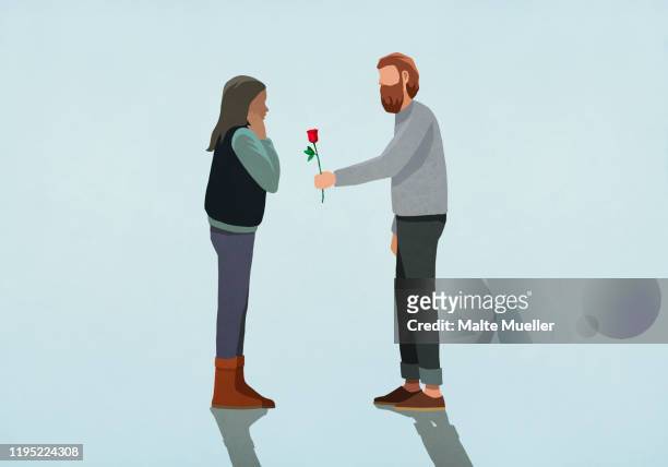 man giving rose to surprised girlfriend - couple relationship stock illustrations