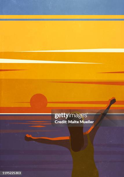 carefree woman with arms outstretched enjoying sunset view over ocean - dramatic sky stock illustrations