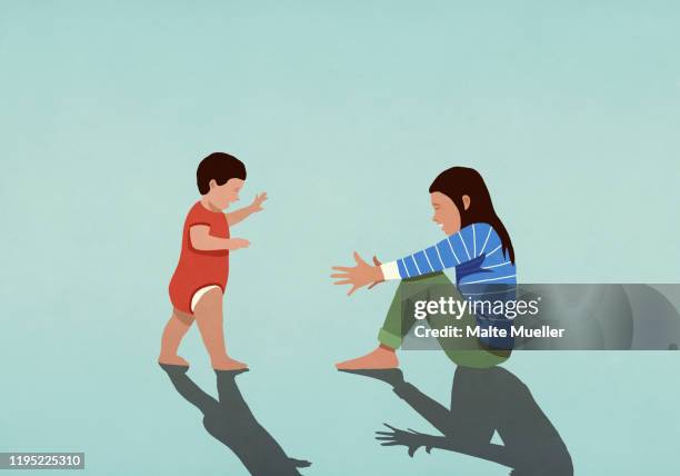 illustrations, cliparts, dessins animés et icônes de baby taking first steps toward mother with arms outstretched - famille avec enfants