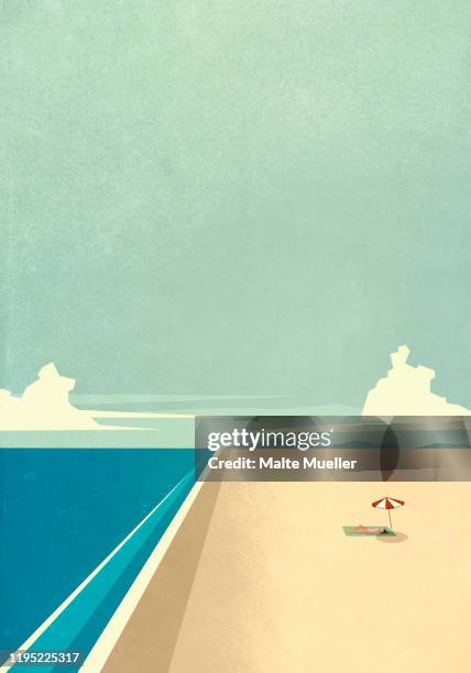 illustrazioni stock, clip art, cartoni animati e icone di tendenza di woman sunbathing under umbrella on remote ocean beach - parasole