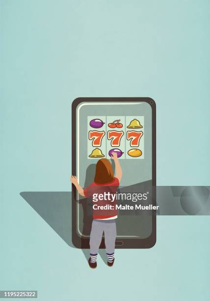 ilustraciones, imágenes clip art, dibujos animados e iconos de stock de girl playing slot machine game on large smart phone - one girl only
