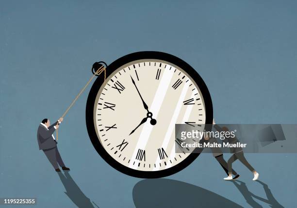 couple and businessman pushing and pulling large stopwatch - effort stock illustrations