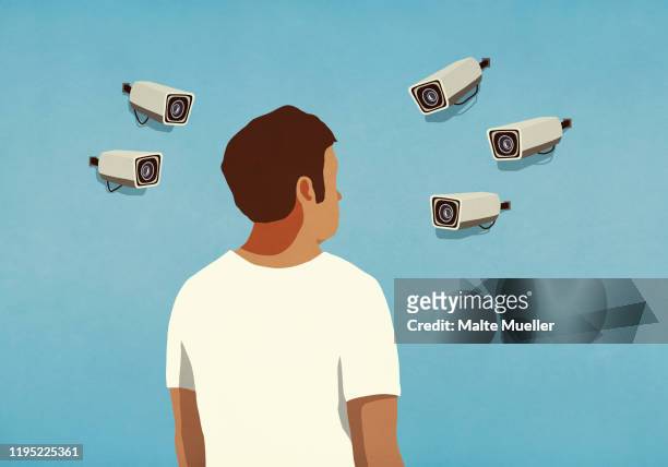 surveillance cameras pointed at man - oberkörperaufnahme stock-grafiken, -clipart, -cartoons und -symbole