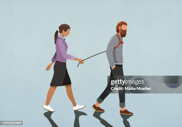ilustraciones, imágenes clip art, dibujos animados e iconos de stock de woman walking man with harness - couple relationship