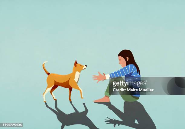 ilustraciones, imágenes clip art, dibujos animados e iconos de stock de dog walking toward woman with arms outstretched - actividad