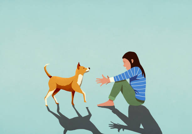 dog walking toward woman with arms outstretched - dog blue background stock illustrations